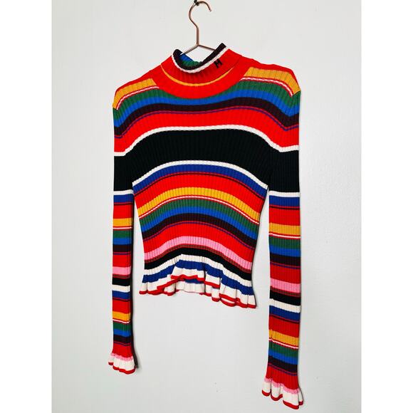 MSGM Rainbow Multicolored Striped Knit Ruffle Bell Sleeve Turtleneck Sweater XS - Picture 5 of 16